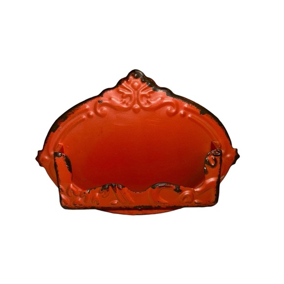 Business Card Holder Orange Red Color Metal Farmhouse style 4 1/2” x 6” - Picture 3 of 5